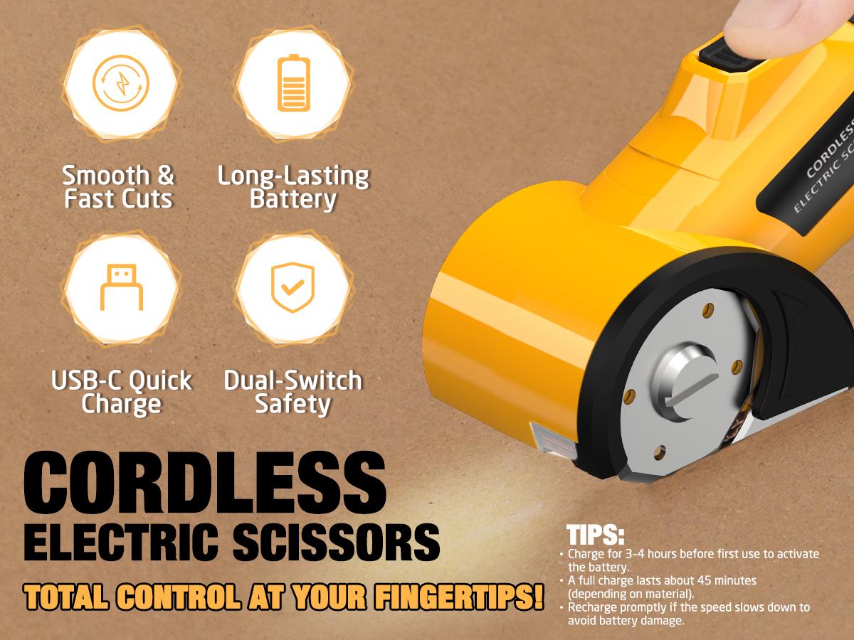 【MothersDayGift】Zeleki Cordless Electric Scissors 4V – Rechargeable Heavy Duty Cutter with Safety Lock, LED Light, Long Battery Life & 2 Extra Blades | Easy-to-Use Wireless Shears for Cardboard, Packaging Yellow with Storage Bag 【MothersDayGift】Zeleki Cordless Electric Scissors 4V – Rechargeable Heavy Duty Cutter with Safety Lock, LED Light, Long Battery Life & 2 Extra Blades | Easy-to-Use Wireless Shears for Cardboard, Packaging Yellow with Storage Bag