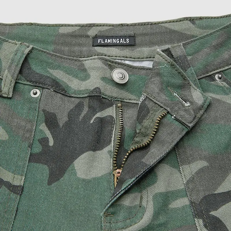 Flamingals Stretchy Camo Print Mid Waist Straight Leg Capri Pants Summer Vibes