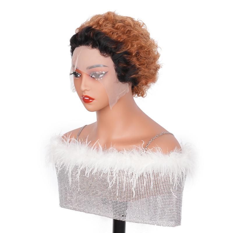 13X1 Curly Lace Front Wig 6 Inch Curly Lace Front Human Hair Wigs - Customized Ginger Blonde Wine red Colored Short Pixie Cut Water Wave Dark Rooted To Ginger Orange Color - 13x1 Transparent Lace Frontal Wigs For Women