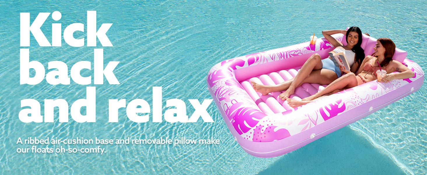 Sloosh-L/XL Inflatable Tanning Pool Lounge Float With Cup Holder, 70“X46”/85″ x 57″ Extra Large Pool Floats Adult with Pillow, 4 in 1 Suntan Tub Raft Floatie, Sunbathing Bed Lounge for Water Blow Up Kids Ball Pit Party Gifts, inflatable Sofa Pool