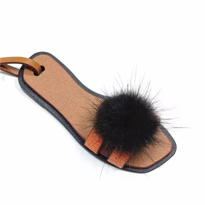 Sandal Pu Bag Charm Accessories - Elegant Unique Design for Versatile Styling with Black Pom Pom - Perfect for Various Occasions
