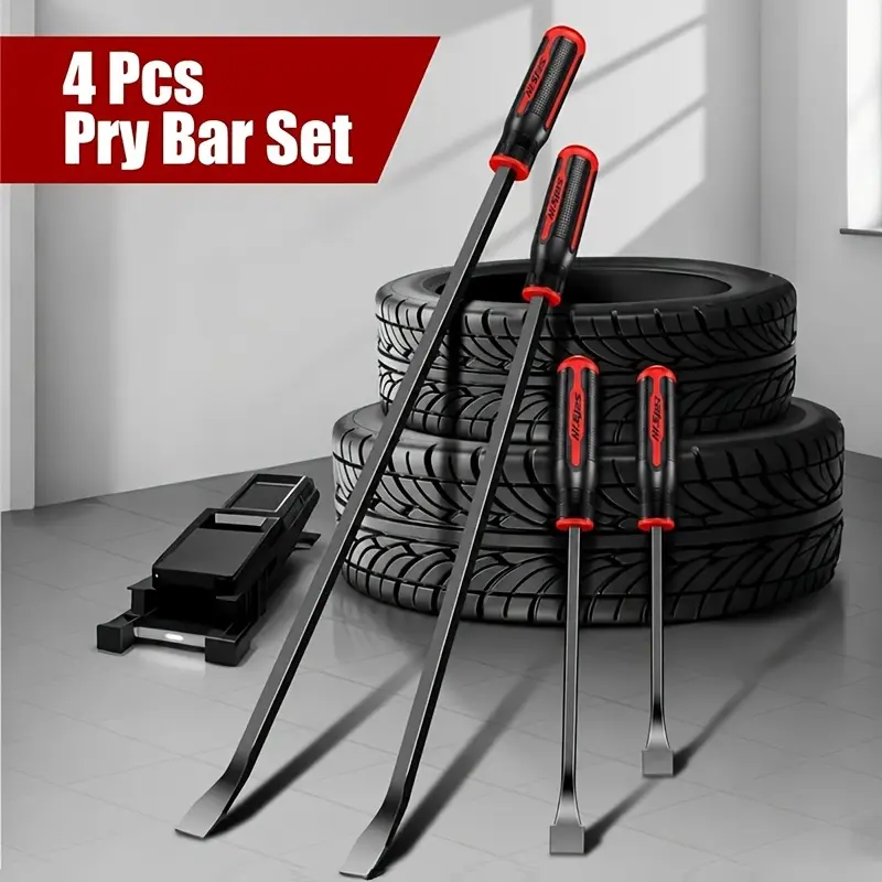 4-Piece Heavy-Duty Solid Metal Pry Bar Set with Thick Impact Caps, Nail Pulling Function – Automotive & Mechanical Home Supply Hand Tools
