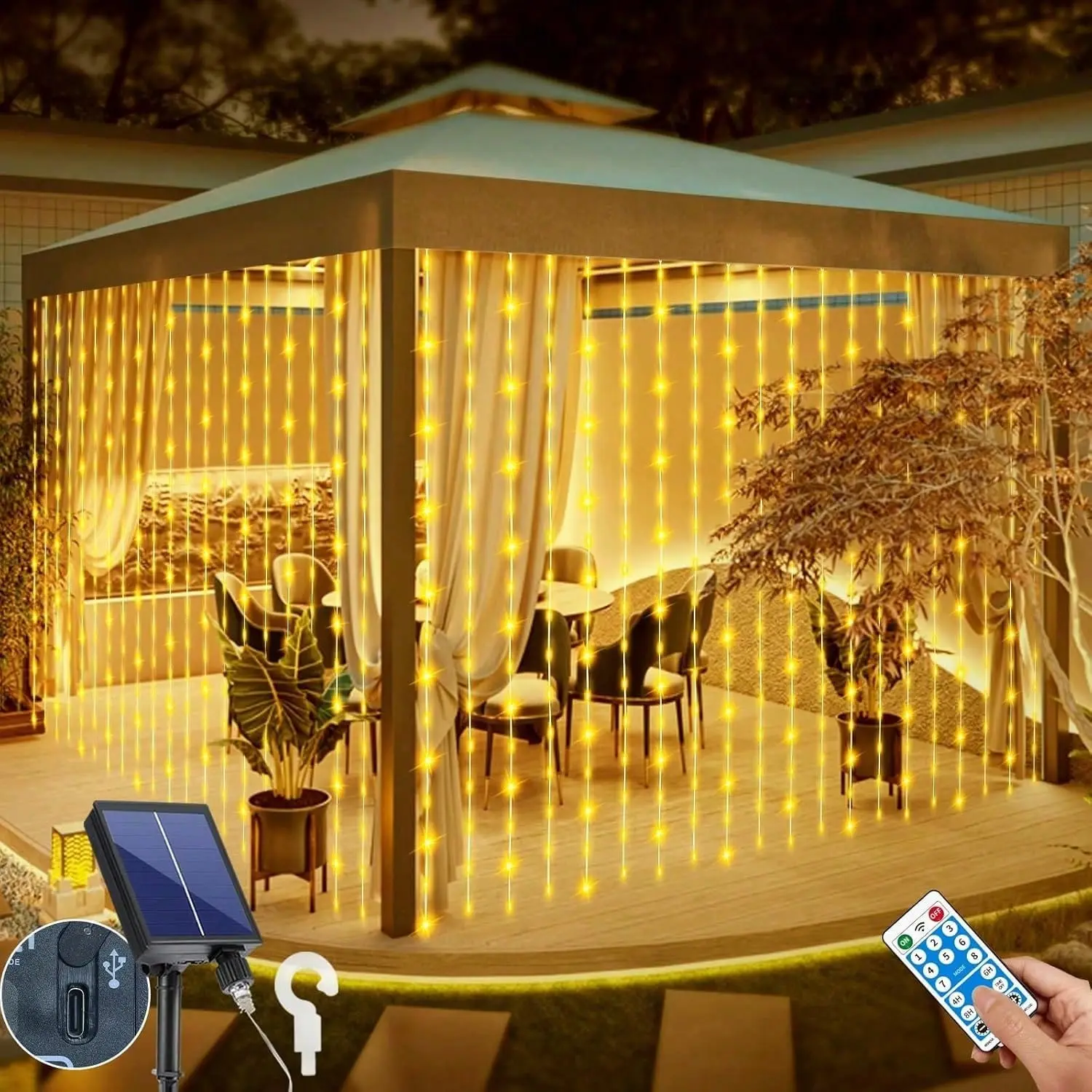 Solar Curtain Lights 10*10Ft 300LED Waterproof Waterfall Light with 8 Modes Remote Type C Charging Dimmable  summervibesTimer Twinkle Fairy String Lights for Outdoor Christmas Gazebo Wedding Party Pergola Patio