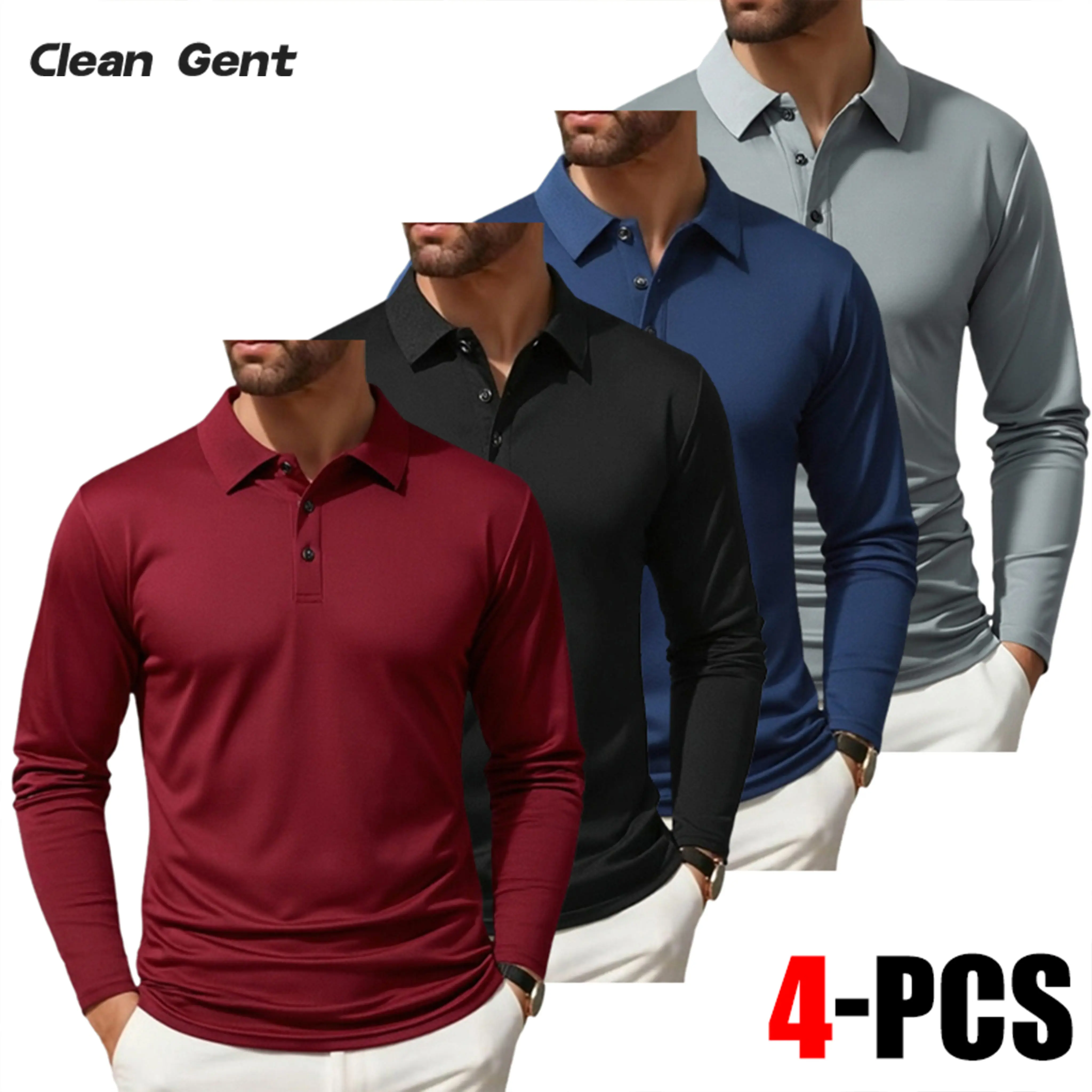 Clean Gent 4-Piece Men's Long Sleeve Polo Shirt, Soft and Comfortable Men's Golf Shirt, Casual Long Sleeve Classic POLO Shirt, Button Front Blouse, Elastic Fashion Men's Clothing, All Seasons