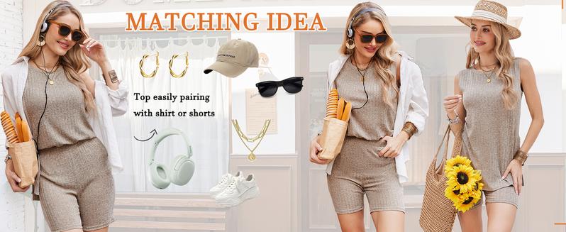 EKOUAER Women's Clothing Sets Striped Knitted Sleeveless Women's 2-Piece Set Cycling Shorts Casual Comfortable Set S-XXL