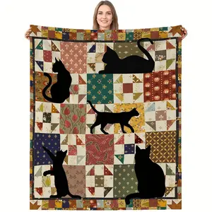 Vintage Patchwork Cat-Themed Soft Flannel Throw Blanket for Cat Lovers, Cozy Knitted Polyester All-Season Sofa Blanket with Unique Patterns and Decorative Elements