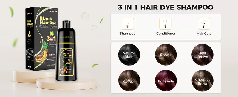 MEIDU 3 in 1 Black Hair Dye Shampoo - Herbal Ingredients Can cover gray hairs, Contains Ginseng Extract, Natural Haircoloring
