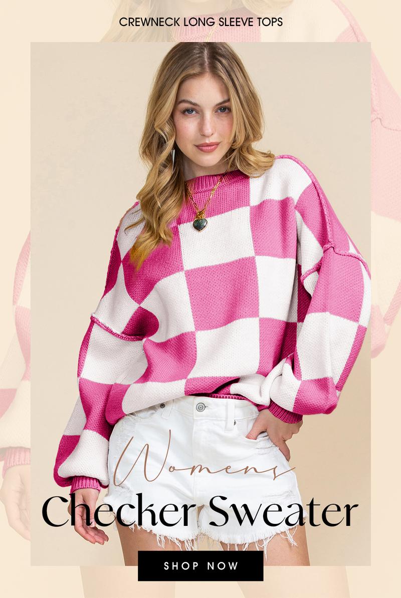 Shewin 2026 Cozy Oversized Checkerboard Knit Sweater Women's Soft V-neck Long Sleeve Pullover Perfect for Layering & Casual Outfits