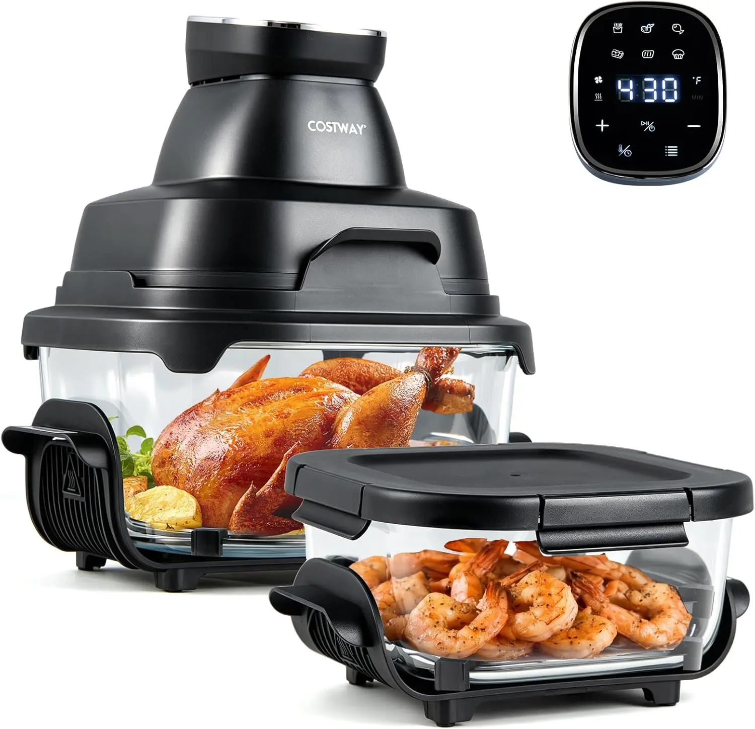 COSTWAY 6-in-1 Portable Glass Air Fryer, Air Fry & Bake, 4.2QT & 1.8QT Dual Glass Containers with Lids, 1500W, Microwave, Freezer & Dishwasher Safe, 95% Less Oil, Built-in Thermostat