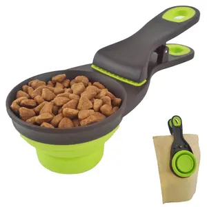 LUXYTOOL 3 in 1 Multi-Function Dog Food Scoop with Measurements and Bag Clip Collapsible Dog Food Measuring Cup for Animals Silicone Measuring Spoons 1/2 Cup Capacity, Green, S