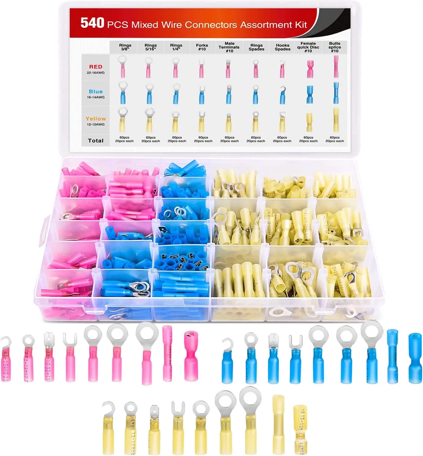 Nilight 540 PCS Waterproof Heat Shrink Wire Connectors Kit - Durable Reliable, Waterproof Protective Automotive Marine Electrical Terminals (Ring, Fork, Hook, Spade, Butt Splices) Father's Day Gift, Durable Reliable Connectors, Waterproof Protective Conne