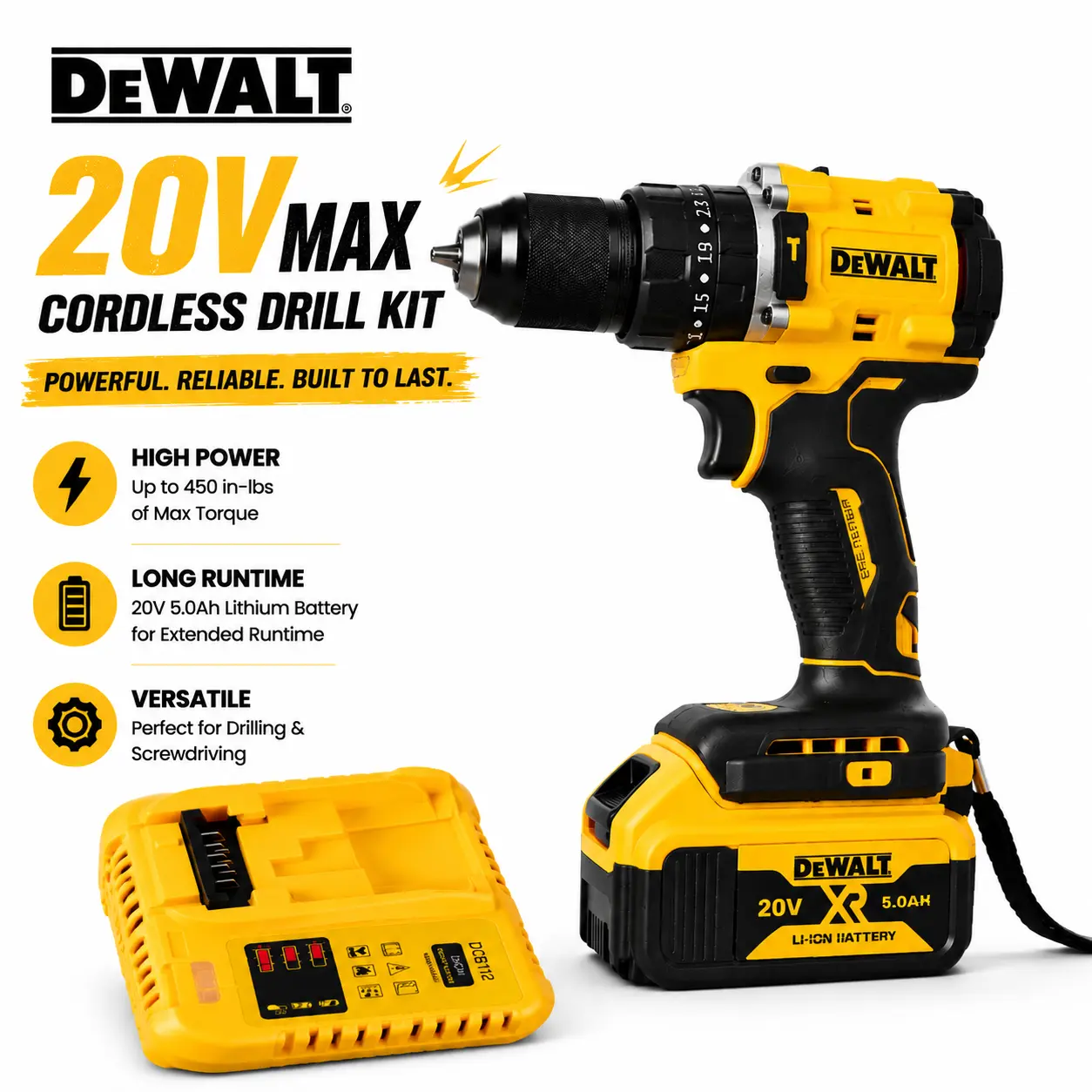 ()DEWALT Yellow Cordless Drill Set - High Torque for Drilling & Screw Driving, Durable Metal Gears, High-Strength Plastic Housing, Long Battery Life, Lightweight Design, DIY Power Tool Kit for Home Repairs & Garage Projects