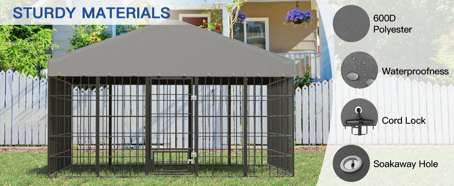 [2026 New Upgrade] Kullavik 10x10ft Heavy Duty Outdoor Dog Kennel, Galvanized Steel Dog Cage with Roof Cover, Waterproof UV-Resistant Dog Fence with Feeder Door for Large Dogs