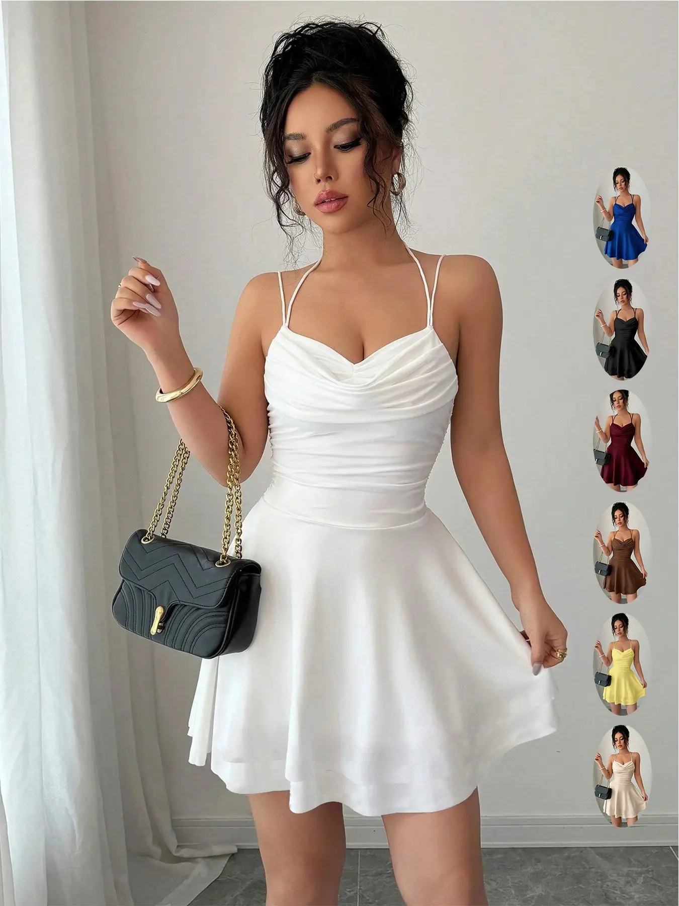 Pure Color Halter Backless Dress, French Sexy Waist Slimming Pleated Ruched Graduation Party Gown, Perfect for Vacation, Dates, Parties