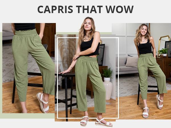 GRAPENT Texairon Linen Capri Pants for Women High Waisted Wide Leg Linen Palazzo Trousers Pull On Elastic Smock Waist Loose Flowy Pants SpringStatements GRAPENT Texairon Linen Capri Pants for Women High Waisted Wide Leg Linen Palazzo Trousers Pull On Elastic Smock Waist Loose Flowy Pants SpringStatements