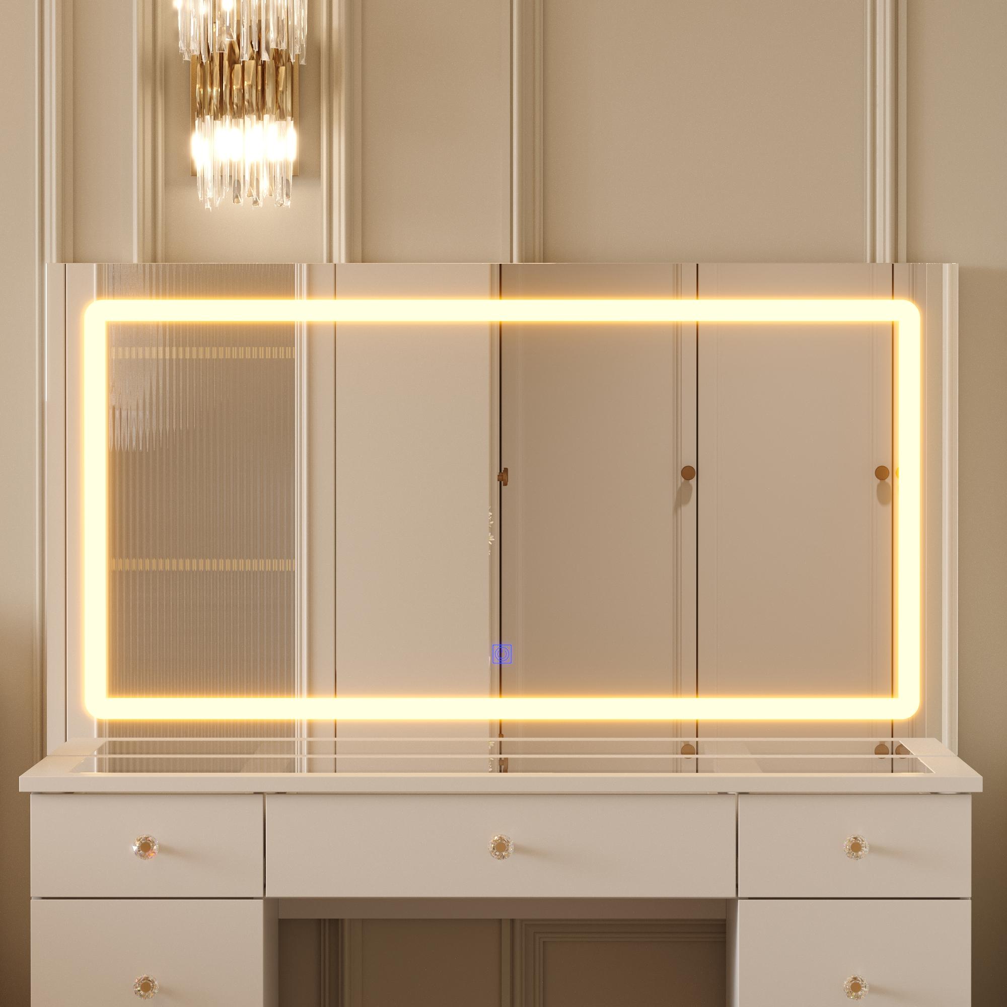 FUFU&GAGA Crystal Handle Makeup Vanity Glass Tabletop with Large Lighted Mirror, with 11 Drawers, Touch Control 3 Color Modes & Adjustable Brightness LED Strip Dressing Table FUFU&GAGA Crystal Handle Makeup Vanity Glass Tabletop with Large Lighted Mirror, with 11 Drawers, Touch Control 3 Color Modes & Adjustable Brightness LED Strip Dressing Table