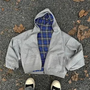 Women's double-sided plaid loose zipper hoodie couple casual versatile sweatshirt street trend
