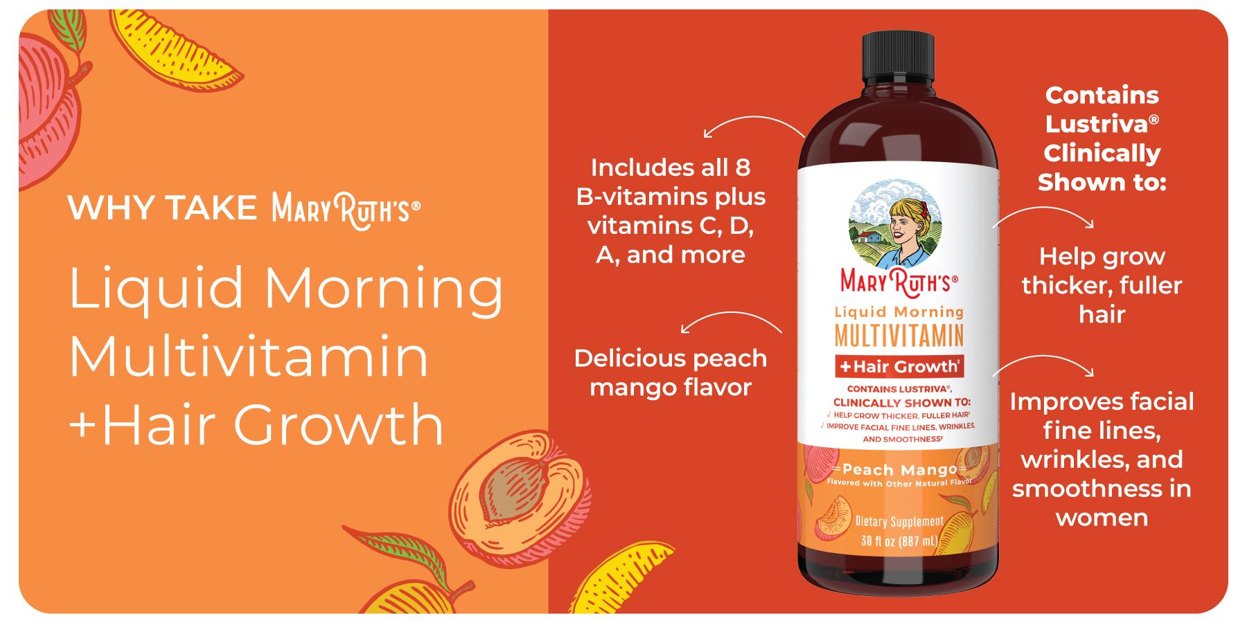 MaryRuth's Liquid Multivitamin +  Hair Growth - Clinically Tested Lustriva for Thicker Hair in Women - Improve Facial Wrinkles - Vegan - 3-Pack, 30 Oz