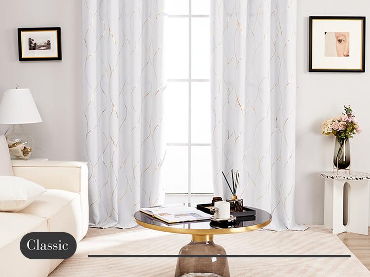 Blackout Curtains (2 Panels)  Deconovo Gold Wave Foil Print Grommet Drapes, Room Darkening Curtain, Window Panels for Living Room