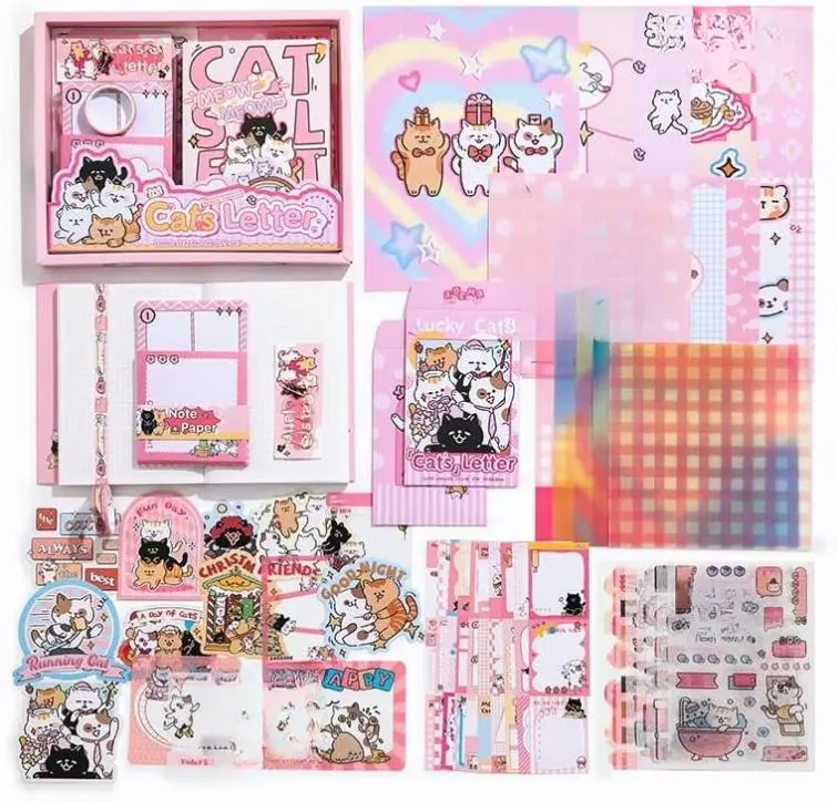 Pink Cute Cat Scrapbooking Kit,Kawaii Stationery Scrapbook Supplies Kit with Cat and Dessert Theme for Junk Journal, Bullet A6 Grid Notebook for Adult Teen DIY Gift kit Crafting Kit Sticker Sheets