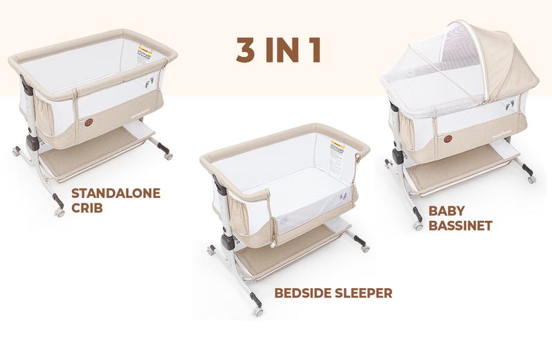 Momfann Baby Bassinet Bedside Sleeper, Upgraded Stability Bedside Crib with Full Mesh Sides, Soft Sheet, 6-Height Adjustment, Storage Basket, Easy Folding Portable Bassinet for Newborns, Oatmeal