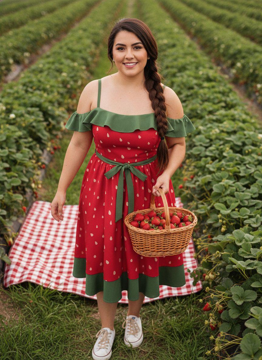 Plus Size Cute Strawberry Dress Aesthetic Summer Look with Bow and Ruffle Trim Sleeveless Vintage Style Retro Stage Boho Bohemian Casual Casual Wear