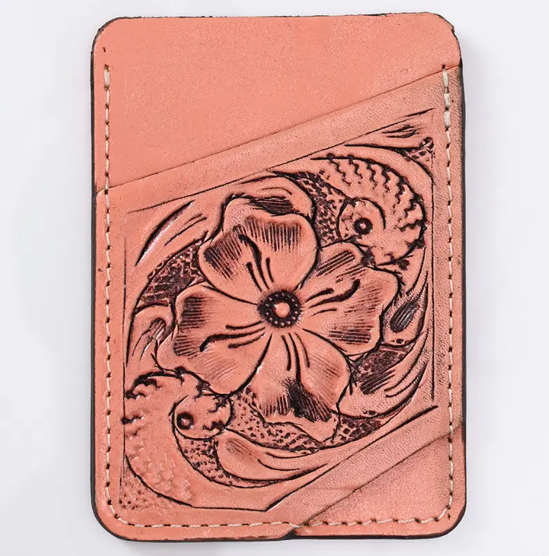 Hand-Tooled Leather Card Holder - Western Floral Slim Vertical Wallet