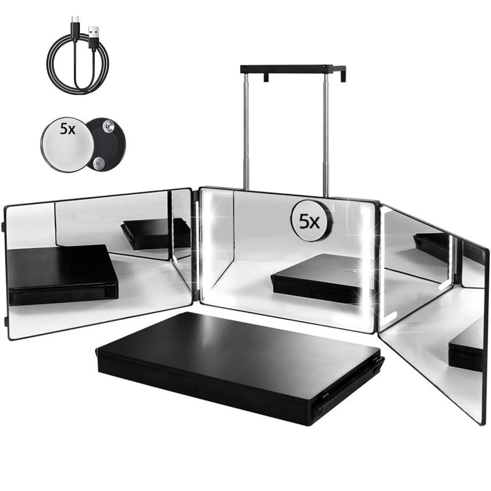 LED Makeup Mirror 3 Way Mirror for Self Hair Cutting with LED Lights Usb Charging (or without LED), Rechargeable Self Cut 360 Barber Mirror for Haircuts Door Mount