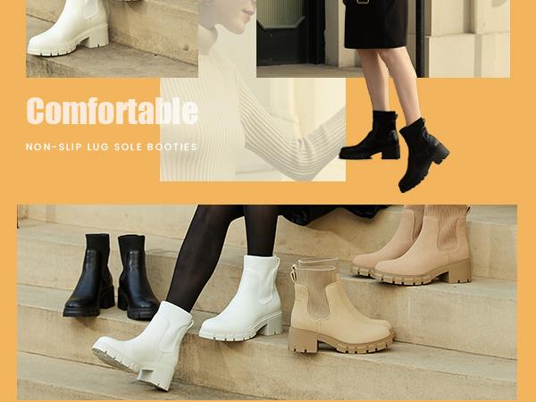 Athlefit Women's Chelsea Boots Fashion Lug Sole Chunky Heel Slip on Elastic Ankle Booties boots  women winter boots Shoes Casual Warm Faux Leather