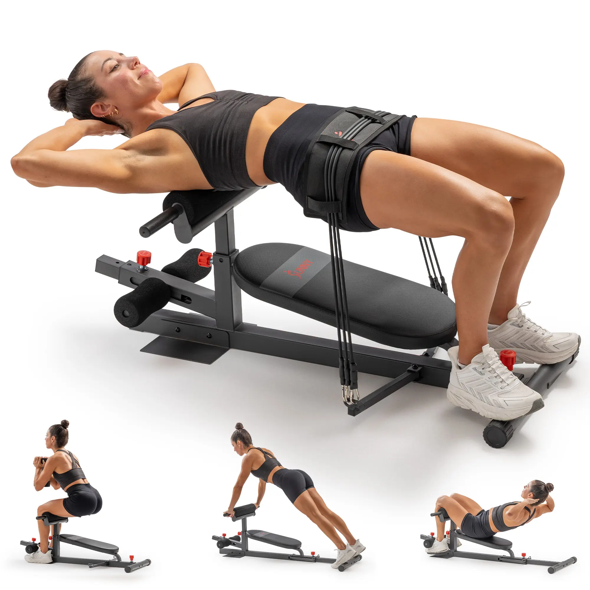 SUNNY Hip Thrust & Glute Bridge Machine Comes with 20 40 60 LBs Resistance Bands 825 LB Capacity Adjustable Home Gym Fitness Workout Equipment Multi Function Sit Up Push Up Assisted Squat Exercise Machine Lower Body Core Leg Strength Trainer for Women Men