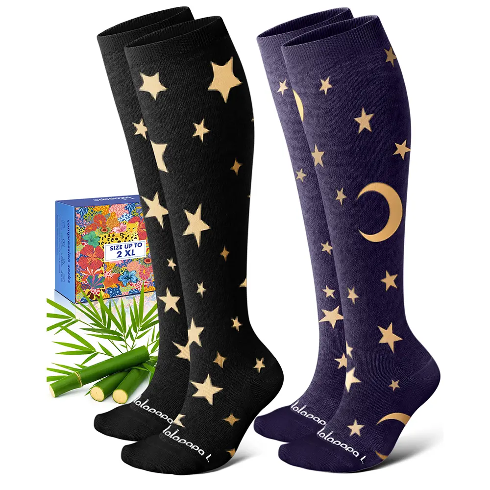 Lalapapa Natural Bamboo Viscose Seamless Long Compression Socks - 2 Pairs 15-20mmHg Knee-High (Spandex, Nylon Blend) for Nurses, Ideal Mother's Day Gift for Comfort & Care,summerwins,father'sdaygifts,campingessentials,campinggear,camping essentials