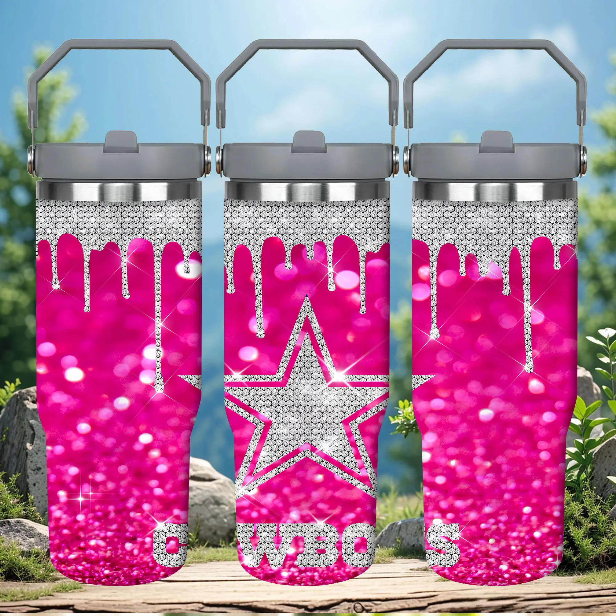 1pc 30oz Glitter Finish Pink Cowboy Theme Vacuum Insulated Tumbler with Lid - Portable Kitchenware Drinkware, Travel Mug for On-the-Go, Fun Pick for Halloween Parties, Women's Gift Item
