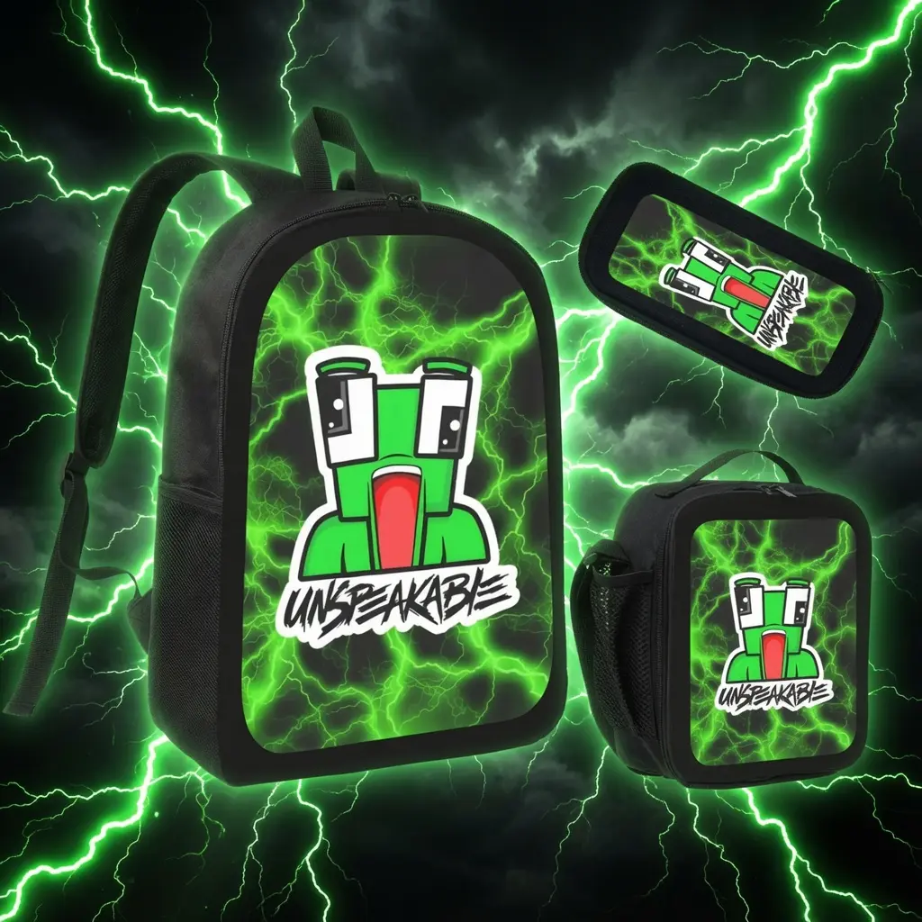 Unspeakable Gaming 3-Piece Backpack Set - 17in Boys Bookbag, Oxford Rucksack with Lunch Box, Pencil Case, Dual Zips, Neon Print Gaming Theme, Lightning Graffiti, Polyester, Youtuber School Gift for Gaming Fans