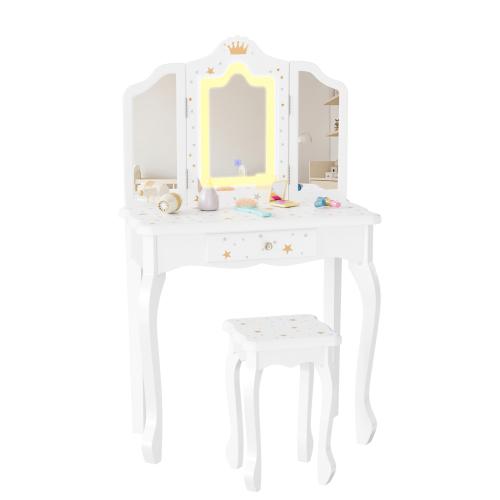 Karlhome Kids Vanity Set with Mirror and Lights and Stool, 5 Storage Drawers, Pretend Play Princess Makeup Desk Dressing Table and Stool Set for Little Girls Age 3+, Macaroon Pink