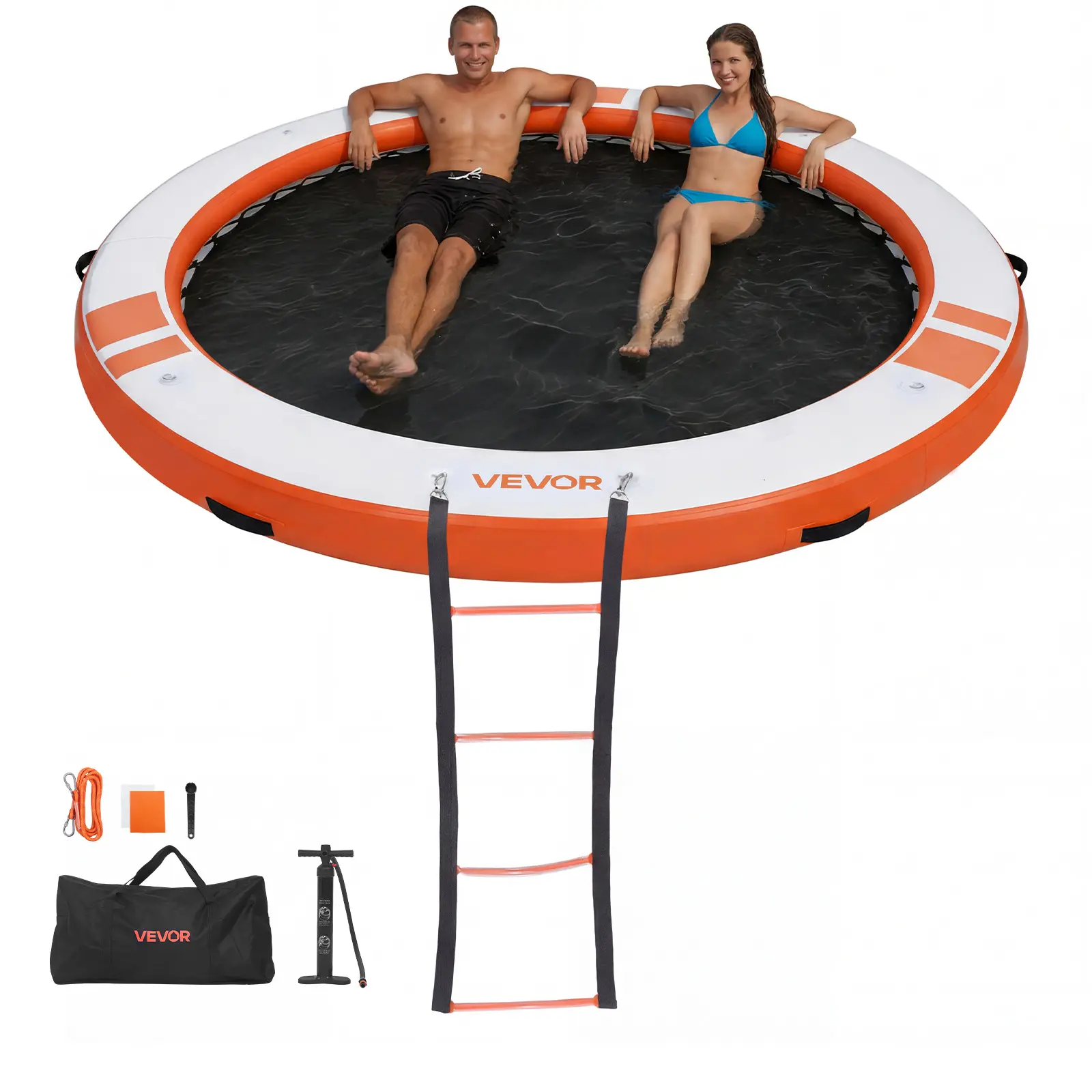 VEVOR 10 FT Nylon Inflatable Floating Dock Platform Pool Float Lounge, Quick Inflate Non-Slip PVC Mesh Water Mat with Manual Pump, High-Pressure Locking Valve, 2700 G/m² Fabric, Portable Bag, Detachable Ladder, Outdoor Family Gatherings Raft, Orange