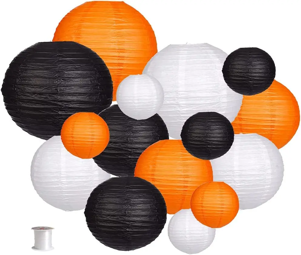 Whimsical Glow Paper Lanterns Set - 15Pcs Black/Orange/White Decorative Party Supplies for Halloween, Thanksgiving, and Birthdays