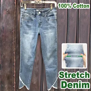 Women's cotton irregular wear linen jeans cotton denim unique design daily wear streetwear underwear basic straight leg jeans