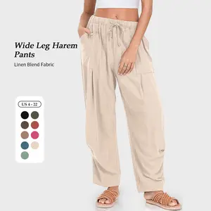 TARSE Womens Linen Blend Wide Leg Harem Pants Drawstring Casual Minimalist Travel Trousers with Pockets Boho Baggy Barrel Beach Vacation Pants Rayon