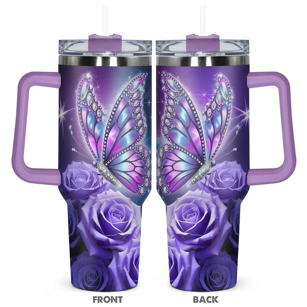 White 40oz Stainless Steel Butterfly & Rose Pattern Tumbler - Vacuum Insulated Drinkware with Lid, Grip Handle, Single Unit Vacuum Flask, Gift for Birthdays or Special Moments for Family, White（With Grip Handle And Lid）