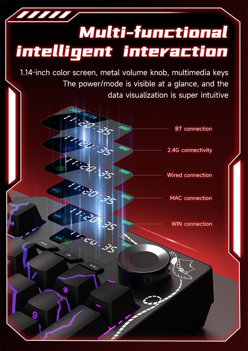 Ajazz AK35I V4 QMK Full-Size Wireless Ergonomic Mechanical Gaming Keyboard with Rotary Knob and Smart Screen Numeric Keypad. The perfect choice for both gaming and office use. Cream-colored keyboard. Christmas gift.