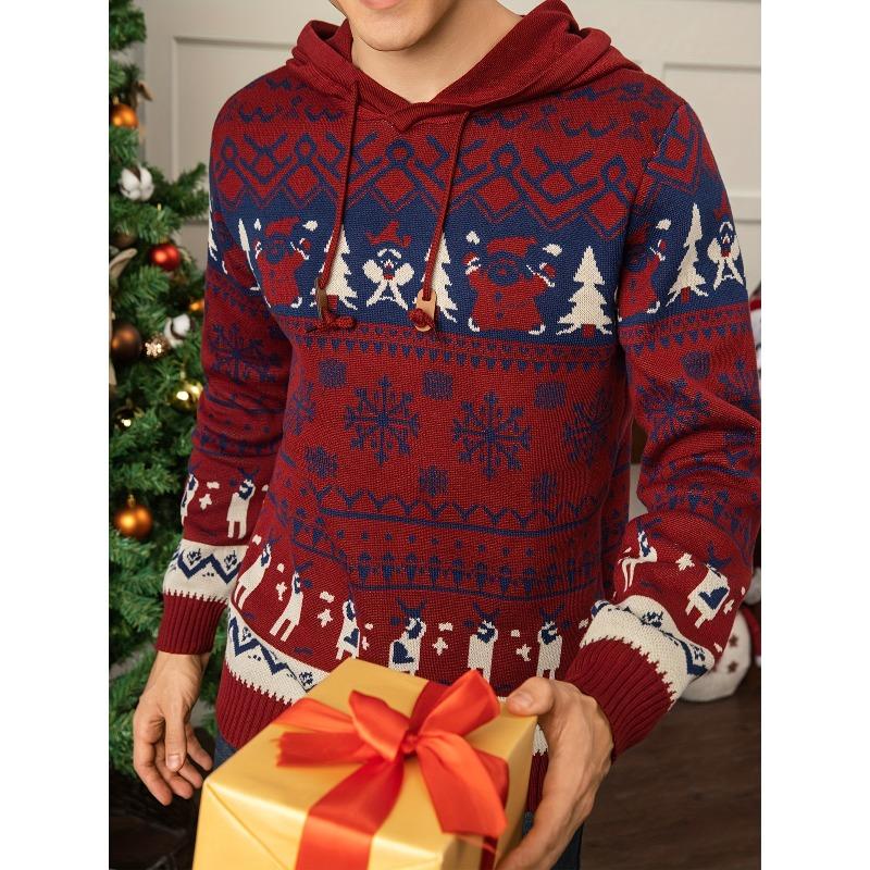 Men's Christmas Hooded Sweater with Snowflake & Reindeer Pattern Warm Knit Pullover for Holiday & Winter Wear Green & Red Menswear Festive Crewneck Long Sleeve Top - Casual