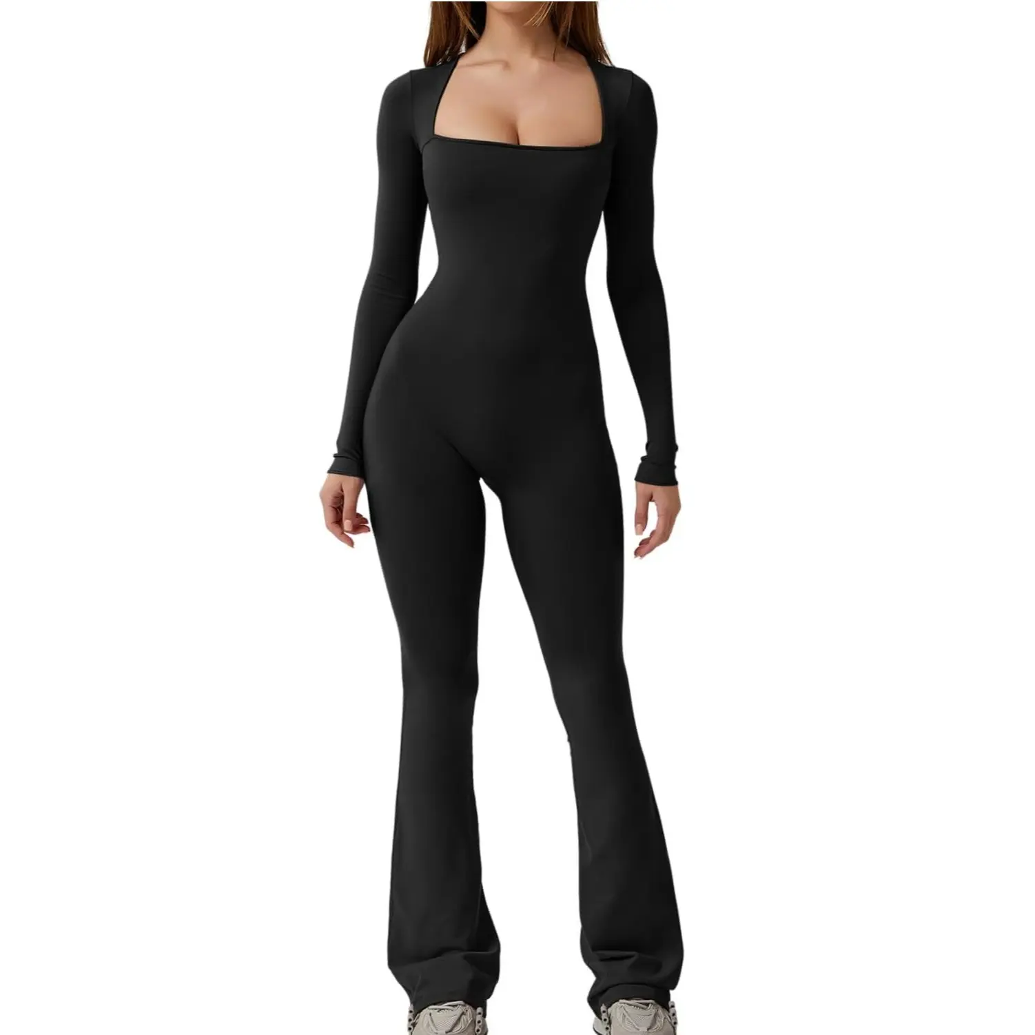 QINSEN low neckline Jumpsuits for Women Square Neck Wide Leg Full Length Romper Playsuit