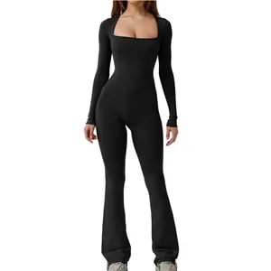Women Yoga  Workout Ribbed Long Sleeve Sport jumpsuits Women's Summer