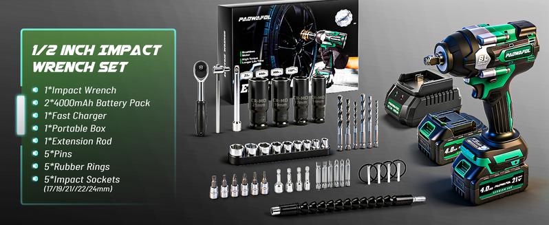 PAOWAFOL 3 in 1 Cordless Impact Wrench,Electric brushless impact wrench with 2×4.0 Battery,Sockets,Drills,Screws-Ideal for Car&Home,Gift for family