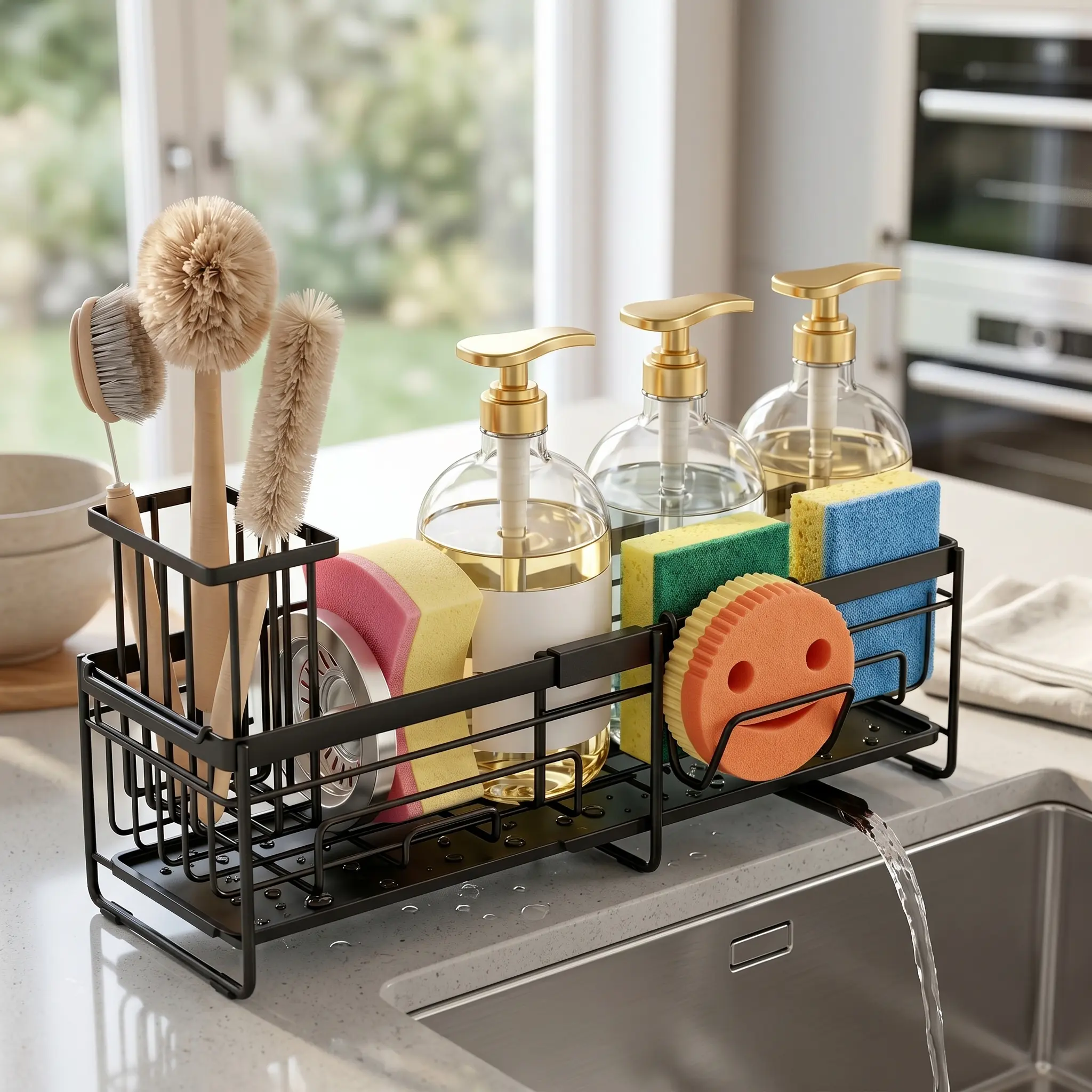 Kitchen Sink Organizer Caddy, Extra Large Extendable Stainless Steel Sink Caddy Organizer, Rustproof Kitchen Sink Sponge Holder with Brush Slot & Dish Soap Storage Rack for Kitchen Countertop