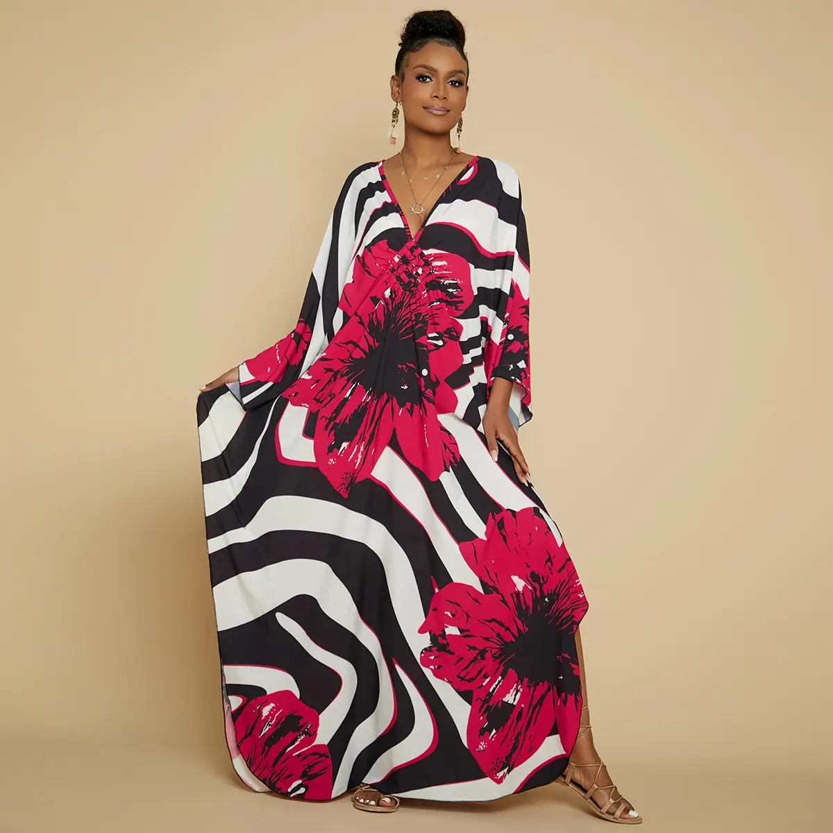 Bsubseach Women Ethnic Print Kaftan Dress ，Plus Size All Over Print  Sleeve TunicDress, Boho Casual V Neck 3/4 Sleeve TunicDress for Women, Women's Plus Cover Up,Mrs. Roper Kaftan ，bubu，mumu，Casual Womenswear Summer Bohemian Tangerine Hibiscus