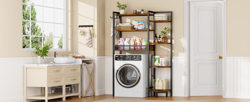 K1 Heavy Duty 7-Tier Over The Toilet Storage（With Basket and Paper Hook）Freestanding Above Toilet Shelf with Adjustable Feet，Space Saver Bathroom Shelves 9.3"D x 33.5"W x 63.8"H，Rustic Brown