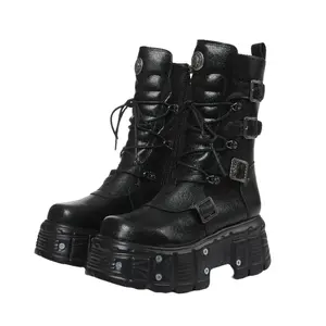 Punk Style Women's Platform Rock Boots with Metal Decor Black Lace-Up Ankle Boots for Casual Outings & Bold Look