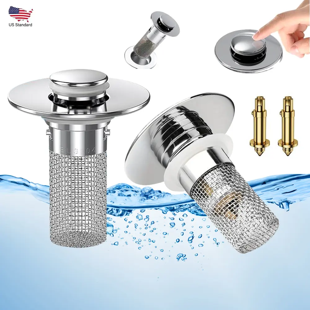 SUS304 Stainless Steel Pop-Up Sink Drain Stopper, Universal Press-Type Design with Removable Clog Prevention Basket, Drain Protector for American Bathroom Basins and Bathtubs, Essential Bathroom Accessories
