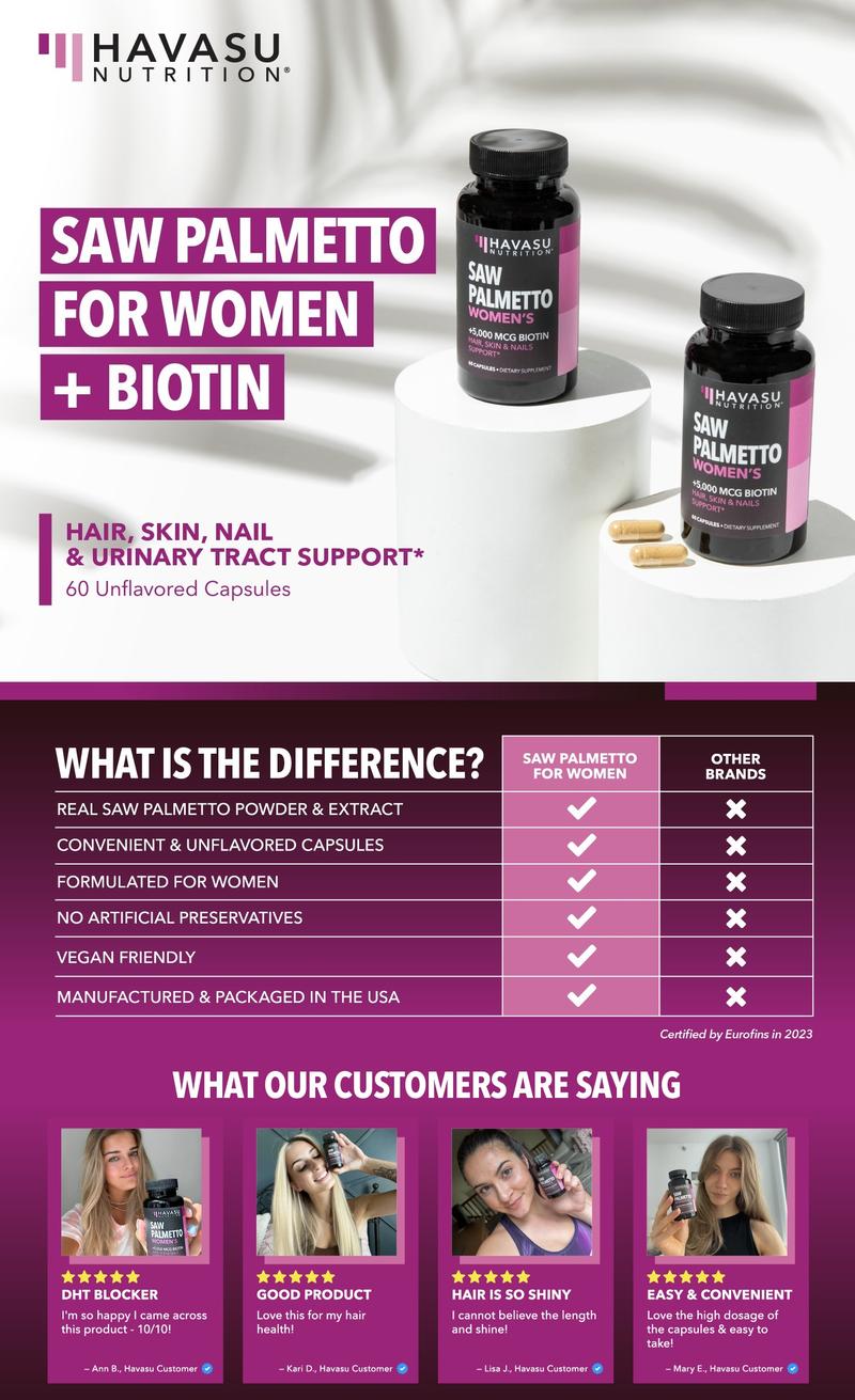 Vegan Saw Palmetto & Biotin Supplement for Women, DHT Blocker Hair Health Vitamins, Post-Partum Hair Appearance Vegan Supplement for Hair Skin Nails Vegan Saw Palmetto & Biotin Supplement for Women, DHT Blocker Hair Health Vitamins, Post-Partum Hair Appearance Vegan Supplement for Hair Skin Nails